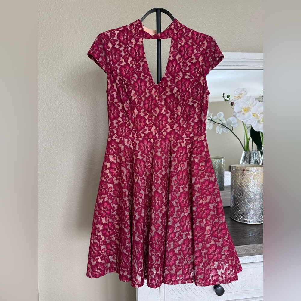 City Studio Burgundy Lace Mini Dress